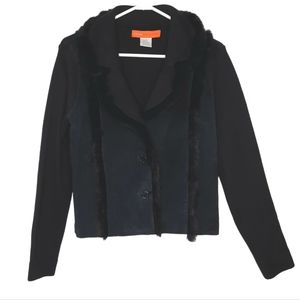Cynthia Steffe Vtg Suede Rabbit Fur Trim Short Sweater Coat Black Womens Size M